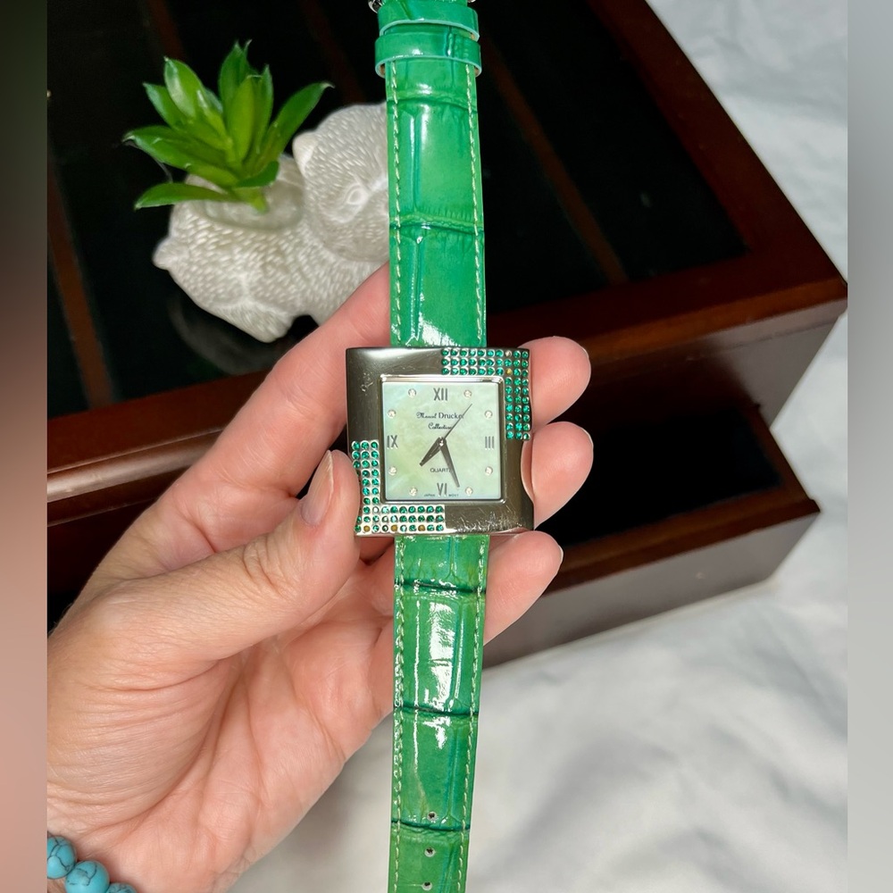 Marc Drucker Collection Emerald Green Croc Embossed Leather Crystal Watch